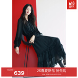 伊芙丽（eifini）【经典延续】伊芙丽波点系带木耳领蛋糕下摆百搭仙女连衣裙小黑裙 黑色 L 120-135斤