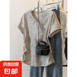 夏季新款扎染独特设计短袖t恤女大码宽松胖mm显瘦遮肚V领百搭上衣 K24-卡其色 L 建议体重100-115斤