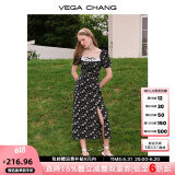 VEGA CHANG碎花连衣裙女2025年夏季方领法式小众泡泡袖下摆开叉茶歇印花裙子 花色（长款） M