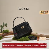 GUSKI法国奢侈品牌新款鳄鱼纹牛皮单肩斜挎手提凯莉包情人节生日礼物女 Black【黑色 送女友送老婆送妈妈