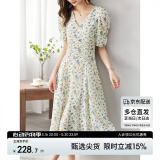 尚都比拉夏季法式碎花连衣裙泡泡袖茶歇裙气质女神范裙子 杏底蓝花 L 