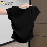 啄木鸟正肩短袖t恤女夏季2025新款圆领褶皱修身显瘦收腰上衣 黑色  L
