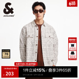 杰克·琼斯（JACK&JONES）春秋新款宽松翻领格纹花呢潮流百搭小香风外套长袖衬衫夹克男款 石灰花灰G01 常规 XL