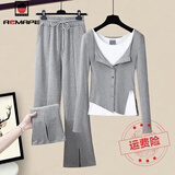 AEMAPE休闲裤女2025春秋冬新款时尚单套装开叉女装气质休闲显瘦百搭洋气 7011_灰色上衣+灰色裤子 常规 M _建议95-105斤