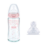 NUK德国NUK新生儿宽口径玻璃奶瓶120/240ml仿母乳防胀气奶瓶 粉色雨滴 240ml 3-6月 +配6月+奶嘴1只
