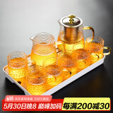 瓷牌茗茶具（cipaiming teaset） 透明玻璃茶具整套套装家用功夫茶壶茶杯会客泡茶器 金盖雅致锤纹杯8件套+小长方盘