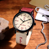 小米部依青少年学生手表男女初高中生考试专用复古工装帆布表带指针腕表  【日历款】 红白带