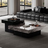 意式轻奢简约岩板茶几现代简别墅大堂小户型客厅家用方形高低组合 50cm骑士黑+80cm威尼斯棕