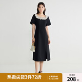 独束大码女装优雅蕾丝花边领小黑裙夏装赫本风高腰A字中长款裙子 赫本黑-长款 3XL (尺码：5)
