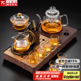 功夫玻璃茶具套装家用一体电陶炉煮茶器茶盘整套茶台三合一养生花茶壶烧水壶加厚耐热泡茶壶 悦(一体炉盘/胡)进水壶+自动(楼阁)+六色把