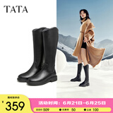 他她（TATA）黑色V口长筒靴女英伦加绒抗寒高筒靴骑士靴冬季G5JA1DG2 黑色（绒里） 36
