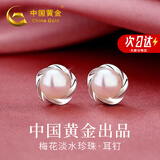 中国黄金 S925银淡水珍珠耳钉女士简约耳坠饰品生日情人节礼物送女友老婆 【浪漫玫瑰礼盒】 *八仓发货/极速送达