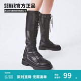 Semir官方正品时装靴女靴春秋季新款潮流休闲高帮系带机车靴长筒靴女 黑色 39
