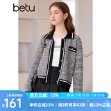 百图betu女装春季新款小香风撞色短款翻领长袖毛衣外套女2401T75 黑色 M