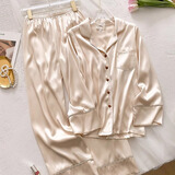 TFZF高级感真丝睡衣女春秋款长袖桑蚕丝送闺蜜生日礼物居家服礼盒套装 杏色（长袖+长裤）礼盒装 XL （115-130斤）