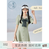 紫涵（ZIHAN）紫涵学院风连衣裙女夏季甜美撞色翻领收腰小个子A字短裙 海藻绿 L
