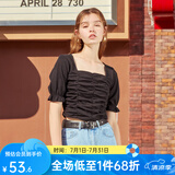 西遇复古方领针织短袖女2024年夏季新款褶皱高腰短款t恤女纯色小个子 黑色(D0300873) S