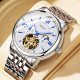 尼尚（Nesun）手表男机械表 全自动机械手表多功能镂空男表 男士手表 生日礼物 白面蓝钉钢带