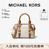 MICHAEL KORS礼物轻奢MK女包BEDFORD老花单肩斜挎波士顿桶包 迷你 香草/橡果棕