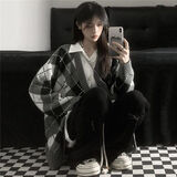 萨姆依 菱格开衫毛衣女学生秋冬外穿2022年新款宽松设计感ins慵懒风bf温柔日系复古针织衫软糯外套 菱格开衫 均码