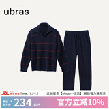 ubras慕斯绒菱格条纹翻领套头长袖长裤套装女睡衣情侣家居服男 男款-深海蓝色 L