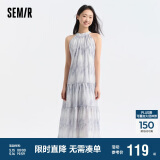 森马观园吉联名连衣裙女肌理国风夏收腰宽松挂脖长裙109324114021