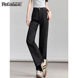 品彩加绒牛仔裤女拖地直筒裤纯色高腰宽松时尚单粒扣长裤 P13JN3622