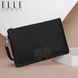 ELLE HOMME 商务专柜同款手拿包 男士头层牛皮手抓包 虎头刺绣大容量休闲手抓信封包EB058701401黑色  生日礼物送男友