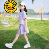 G.DUCKKIDS品牌童装女童套装夏季套裙儿童夏装短袖T恤半身裙子两件套中大童 粉色 150