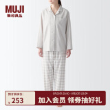 无印良品（MUJI） 女式 无侧缝双层纱织睡衣女士家居服春秋纯棉条纹格纹长袖 女款 浅米色格纹 L (上装165/88A下装165/70A)