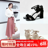 ZHR凉鞋女高跟蝴蝶结珍珠装饰一字带甜美清新露趾仙女风百搭粗跟 F160 黑色 36