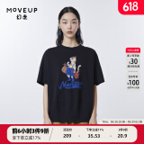 幻走（MOVEUP）夏季新款.FUN系列 圆领落肩袖猫咪印花设计感短款T恤女 深宝蓝 M
