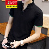 啄木鸟短袖t恤男夏季V领polo男士修身纯色半袖体恤衫夏装衣服 378黑色 XL