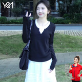 翊尚美假两件针织衫女打底衫春季新款毛衣外套韩系穿搭慵懒风上衣 黑色【叠穿神器】 均码 【推荐80-140斤】