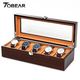 TOBEAR高档木制手表收纳收藏盒展示盒男女表家用带锁大容量多表位首饰盒 木纹5表位