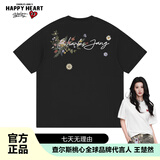 查尔斯桃心重磅美式纯棉短袖T恤印花夏季花卉国潮男女同款宽松百搭 黑色 S