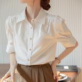 何佳功 衬衫女 短袖法式面试衬衣高级感职业正装女装泡泡袖衬衫春夏新款 白色 M 【建议90-110斤】
