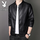 花花公子（PLAYBOY）夹克男外套男士皮衣春秋季新款商务皮夹克中青年百搭宽松上衣 黑色常规款 2XL (建议135-150斤)