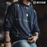 马登工装 复古几何格纹针织套头毛衣男春季圆领宽松学院风百搭上衣 藏青色 （宽松偏大） L
