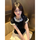 LDBE韩系甜美花边波点拼接短袖t恤女夏季修身显瘦设计感小众正肩上衣 黑色 S 【90斤以内】