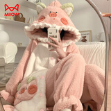 猫人睡袍女士睡衣女冬卡通可爱风长毛绒加绒加厚家居服浅粉橘XL