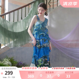 两三事度假超仙的裙子女夏季紫色油画艺术吊带海边连衣裙云雾睡莲 蓝色 S