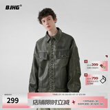 BJHG巴黎奥运王昶同款不计后果秋美式复古PU皮衣男潮牌美拉德夹克外套 深墨绿 S
