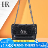 HR赫莲娜女包牛皮邮差包单肩包斜挎包时尚漆皮链条包包油蜡皮流浪包 黑色【标准号】