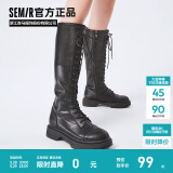 Semir官方正品切尔西靴女靴春秋季新款骑士靴增高显瘦长筒系带弹力靴女 黑色 37