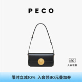 PECO852真皮斜挎复古小法棍包新款单肩通勤方包生日送女友礼物 经典黑黑内里头层手搓纹牛皮现货