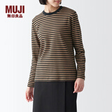 无印良品（MUJI）女式 双罗纹编织圆领长袖T恤打底衫上衣内搭 秋冬款 BBC32A3A 米色条纹 M 160/84A