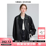 VEGA CHANG黑色皮衣女2025春秋宽松显瘦机车风pu皮短外套 松绿黑 S