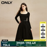 ONLY时尚复古U领高腰长袖中长款连衣裙女|123107041 E39 黑美人 M (165) 84A