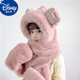 迪士尼（Disney）儿童帽子冬季三件套宝宝加绒手套超厚男女童冬天保暖帽子围巾一体 M耳朵-皮粉色    3-8岁(50-54cm)